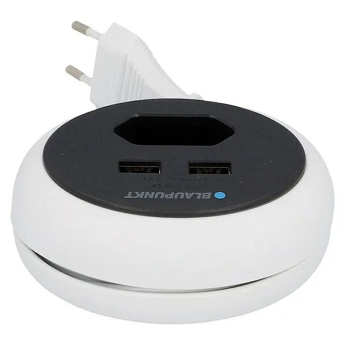 Blaupunkt Steckdosenleiste - Weiß/Schwarz, Kabellänge: 1,2 m, IP20, Ohne Schalter - Abbildung eines weißen Blaupunkt USB-Ladegeräts mit Steckdose.