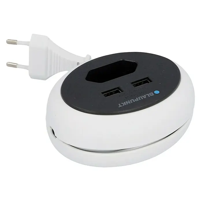 Blaupunkt Steckdosenleiste - Weiß/Schwarz, Kabellänge: 1,2 m, IP20, Ohne Schalter - Das Bild zeigt einen runden, weißen Blaupunkt-Mehrfachstecker mit USB-Anschlüssen und einem Eurostecker, ideal zum Aufladen mehrerer Geräte.