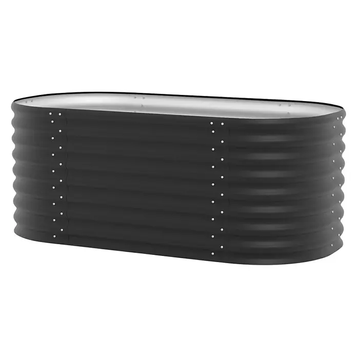 Vitavia Hochbeet Terra 630 - 162 x 82 x 63 cm, Zincalume®, Schwarz - Ein rechteckiges, erhöhtes Gartenbeet aus grauem, gewelltem Metall mit silberfarbenem Rand. Ideal für den Gartenanbau.