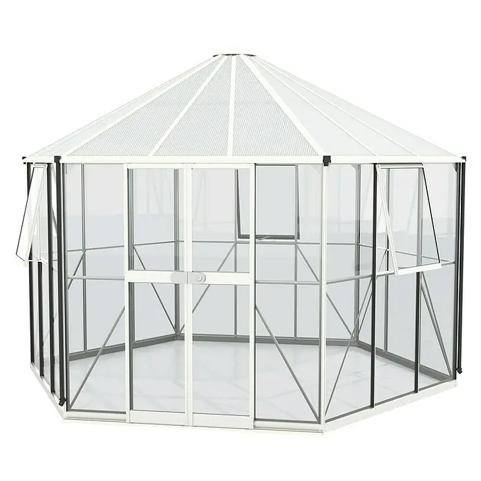 Vitavia Gewächshaus Pi 9000 - Außenmaß inkl. Dachüberstand (B x T): 336 x 383 cm, 3 mm, Weiß - Geräumiges Gewächshaus mit sechseckiger Form und transparenten Wänden, ideal für den Garten oder den Anbau von Pflanzen.