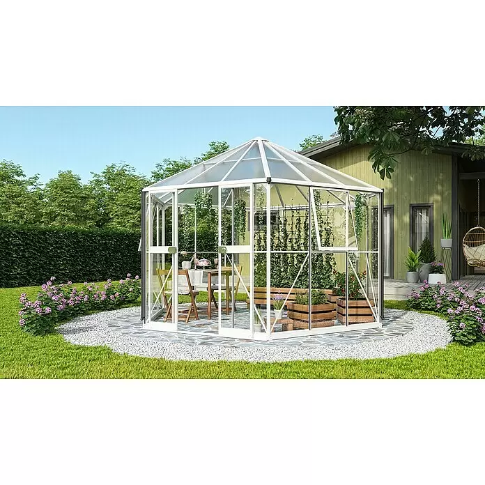 Vitavia Gewächshaus Pi 9000 - Außenmaß inkl. Dachüberstand (B x T): 336 x 383 cm, 3 mm, Weiß - Weißes Gewächshaus mit transparenten Paneelen im Garten, für Pflanzen und Essbereich.