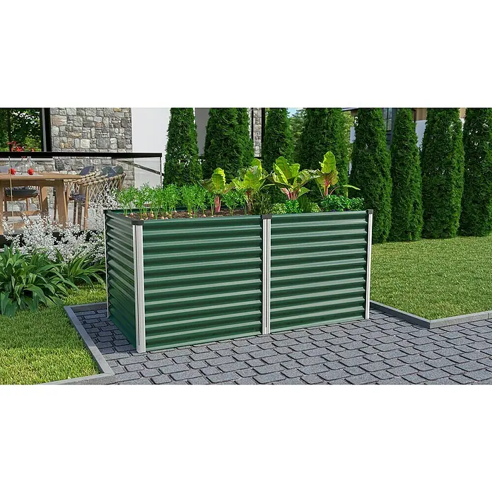 Vitavia Hochbeet Meta 858 - 187,7 x 96,2 x 85,8 cm, Zincalume®, Seegras/Alu - Hochbeet aus grünem, gewelltem Metall mit verschiedenen Pflanzen. Der robuste Rahmen ist ideal für den Garten und bietet Platz für Gemüse.