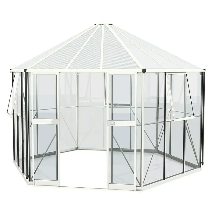 Vitavia Gewächshaus Pi 9000 - Außenmaß inkl. Dachüberstand (B x T): 336 x 383 cm, 3 mm, Weiß - Nahaufnahme eines sechseckigen Gewächshauses mit weißen Rahmen und transparenten Paneelen vor einem schwarzen Hintergrund.