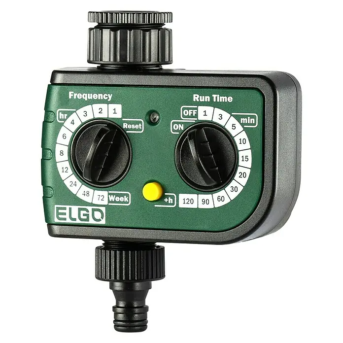 Elgo Bewässerungsuhr WT218 - Bewässerungsdauer: 1 min - 120 min - Das Bild zeigt eine Bewässerungsuhr von ELGO, mit der sich Bewässerungszeiten und -frequenzen präzise einstellen lassen.