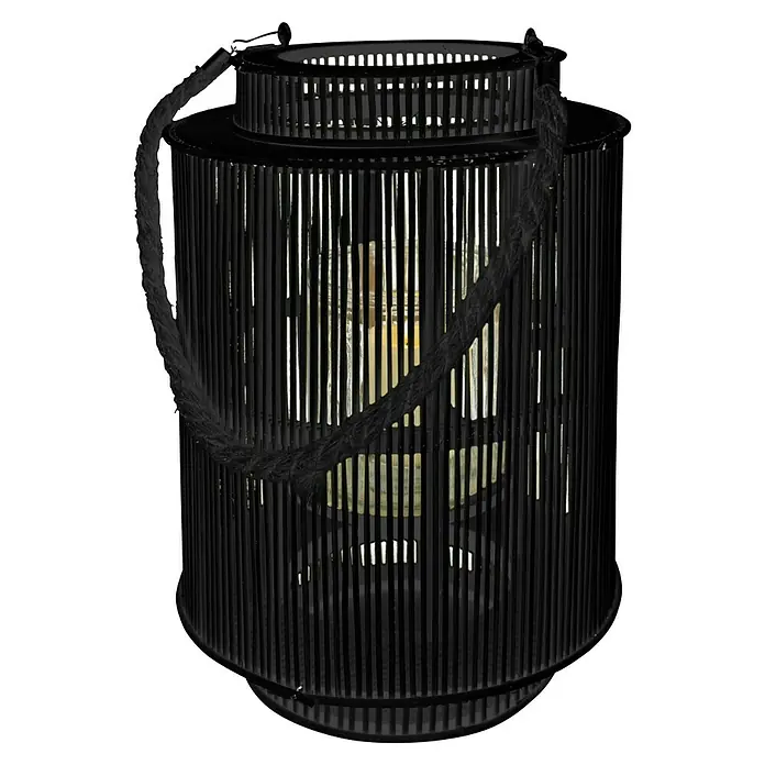 Laterne Bambus - Schwarz, Ø x H: 25 x 35 cm - Schwarze Laterne mit Seilgriff und durchbrochenem Muster. Ein dekoratives Windlicht für gemütliche Stunden im Haus oder Garten.
