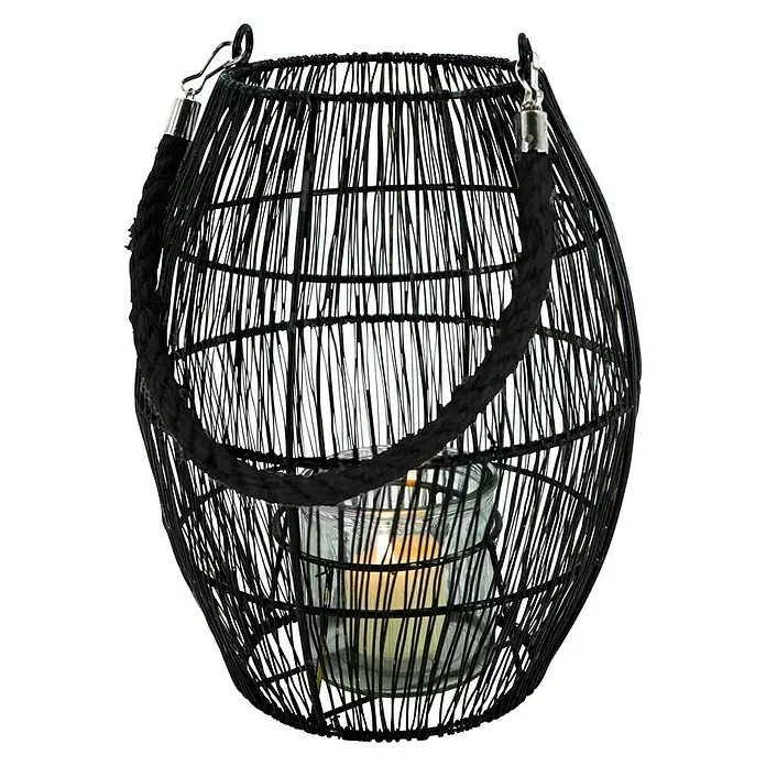 Windlicht - Ø x H: 19 x 25 cm, Schwarz - Stimmungsvolle schwarze Laterne mit Tragegriff und Kerze im Glas, die ein warmes Licht verbreitet. Dekorative Beleuchtung für gemütliche Abende.