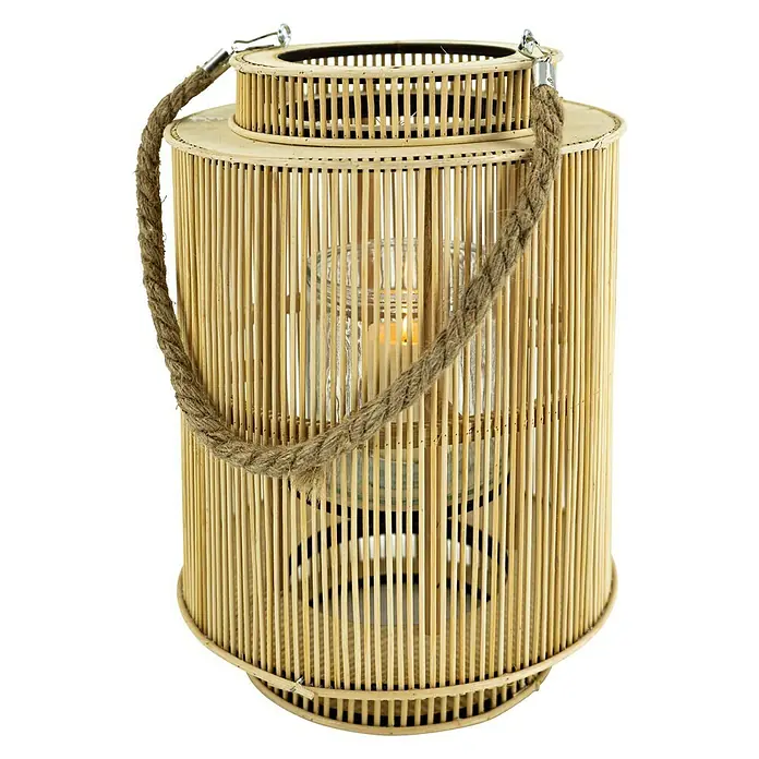 Laterne Bambus - Natur, Ø x H: 25 x 35 cm - Dekorative Bambuslaterne mit Seilgriff und Glasbehälter für stimmungsvolle Beleuchtung im Innen- und Außenbereich.