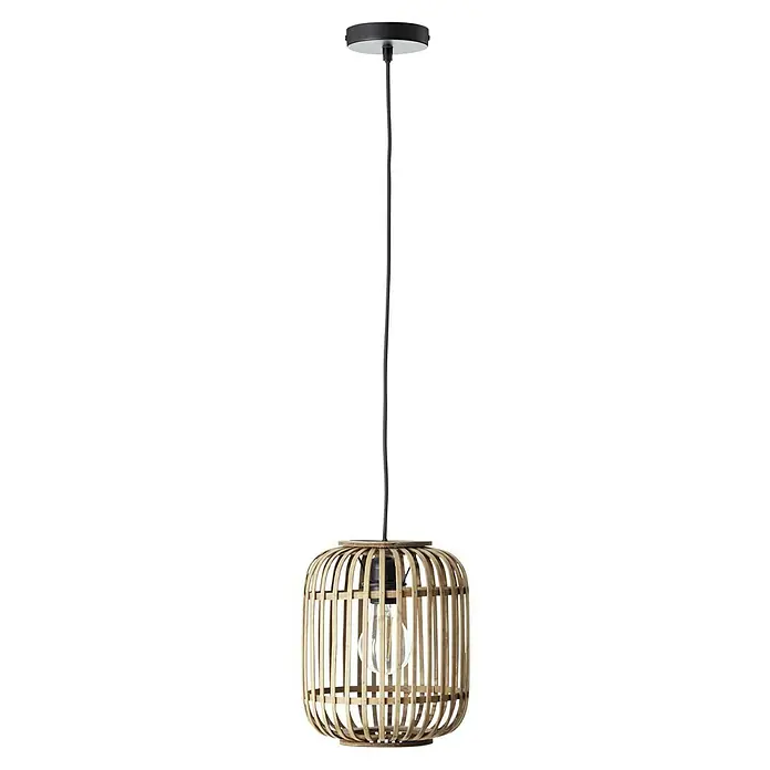 Brilliant Woodrow Pendelleuchte - E27, 60 W, Holz hell - Eine Hängeleuchte mit einem runden Lampenschirm aus hellem Holz und einer schwarzen Aufhängung, die ein gemütliches Licht verbreitet.