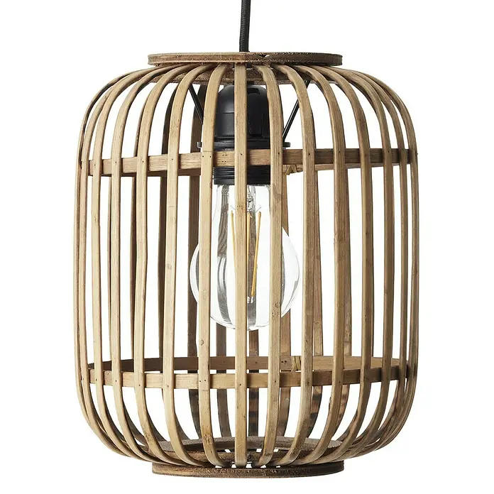 Brilliant Woodrow Pendelleuchte - E27, 60 W, Holz hell - Elegante Bambus-Hängeleuchte mit einem dekorativen Käfigdesign, das warmes Licht und natürliche Ästhetik vereint.