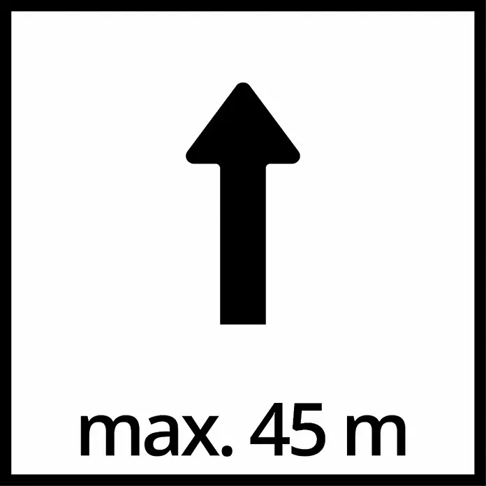 Einhell Drucktauchpumpe GE-PP 1100 N-A - 1.100 W, Max. Fördermenge: 6.000 l/h - Verkehrsschild mit einem Pfeil nach oben und der Angabe "max. 45 m" in schwarzer Schrift auf weißem Grund.