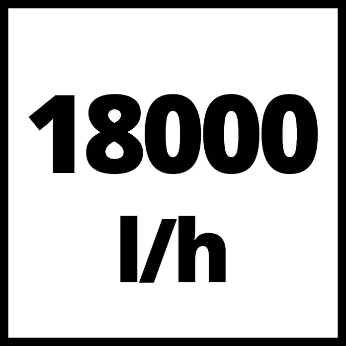 Einhell Schmutzwasserpumpe GC-DP 9035 N - 900 W, Max. Fördermenge: 18.000 l/h, Eintauchtiefe: 5 m - Abbildung eines schwarzen Symbols auf weißem Grund, das eine Durchflussrate von 18000 l/h angibt, typisch für Pumpen.