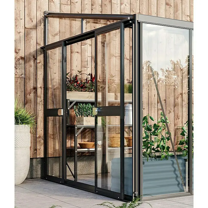 Vitavia Doppeltür-Kit - Schwarz, Passend für: Vitavia Gewächshaus Athena - Nahaufnahme eines Glasgewächshauses mit Pflanzen und Regalen vor einer Holzwand, das eine ruhige und natürliche Atmosphäre schafft.