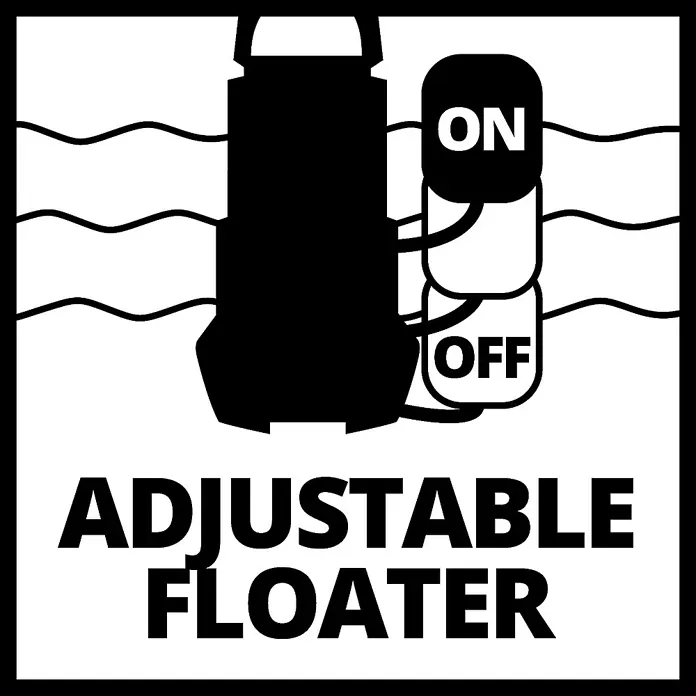 Einhell Schmutzwasserpumpe GC-DP 9035 N - 900 W, Max. Fördermenge: 18.000 l/h, Eintauchtiefe: 5 m - Abbildung einer Tauchpumpe mit einstellbarem Schwimmer, der mit 'ON' und 'OFF' gekennzeichnet ist.