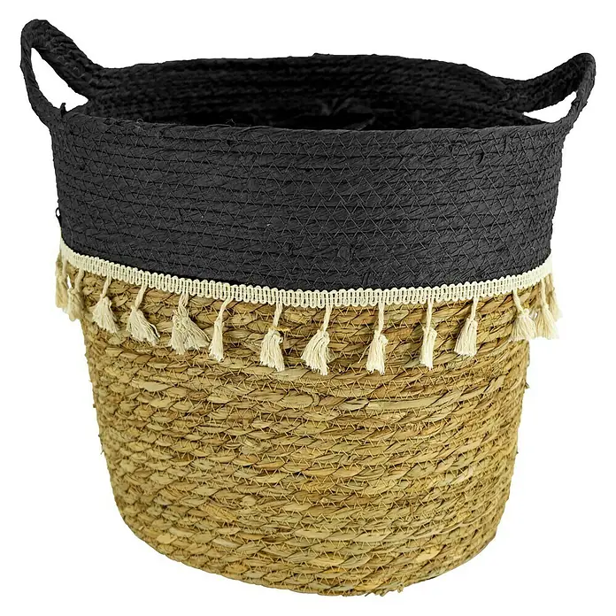 Pflanzkorb - Ø x H: 32 x 35 cm, Naturmaterialien, Natur/Schwarz - Dekorativer Korb aus Stroh und Schwarz mit hübschen Quasten für eine stilvolle Aufbewahrung im Haus.