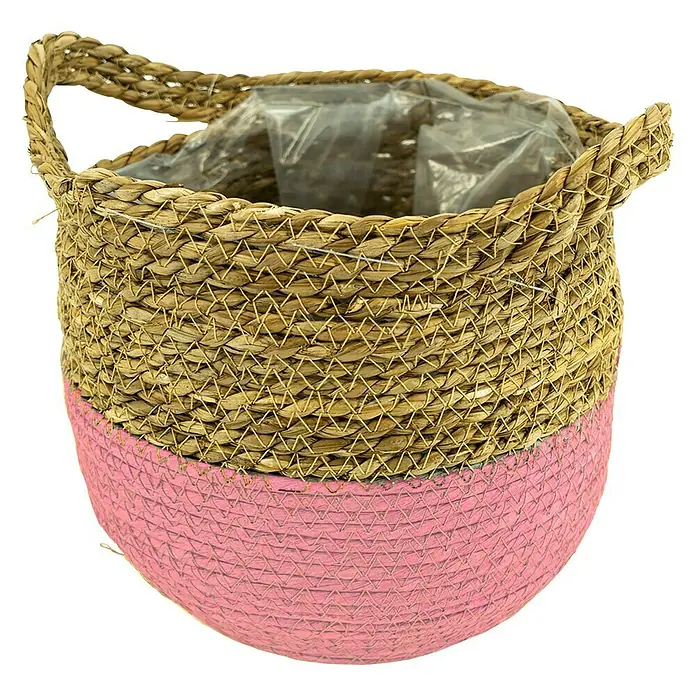 Pflanzkorb SeegrasAußenmaß (Ø x H): 16 x 19 cm, Naturmaterialien, Natur/Rosa - Ein dekorativer Pflanzkorb aus geflochtenem Naturmaterial mit rosa Farbakzent, ideal für Zimmerpflanzen und als stilvolle Wohnraumdekoration.