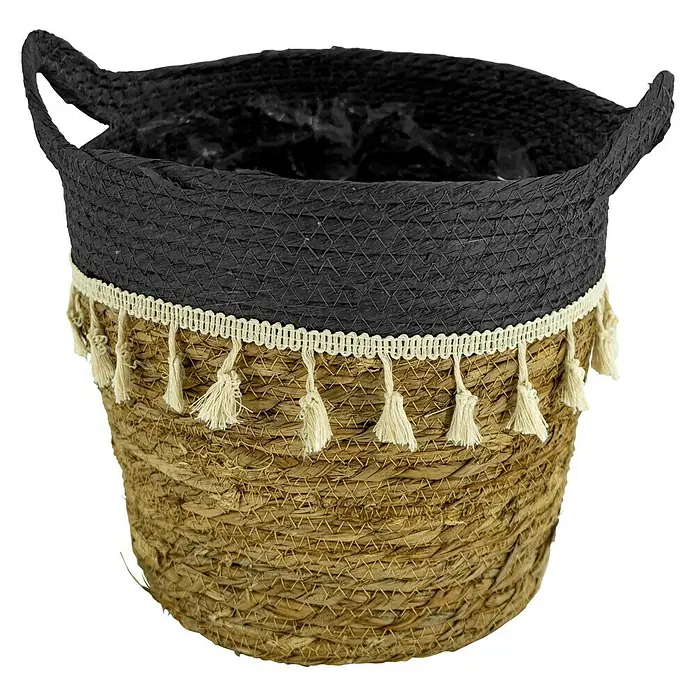 Pflanzkorb - Ø x H: 24 x 25 cm, Naturmaterialien, Natur/Schwarz - Dekorativer Korb aus Naturfasern mit schwarzem Rand und Quasten für Pflanzen oder zur Aufbewahrung, der jedem Raum einen stilvollen Touch verleiht.
