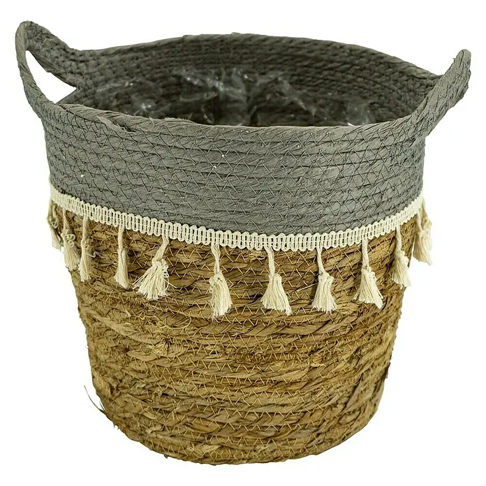 Pflanzkorb - Ø x H: 24 x 25 cm, Naturmaterialien, Natur/Grau - Bild einer dekorativen Weidenkorb-Pflanzschale mit grauem Rand und Quasten für Zimmerpflanzen.