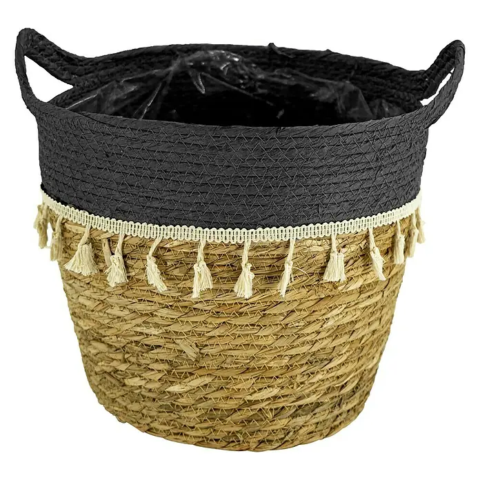 Pflanzkorb - Ø x H: 30 x 31 cm, Naturmaterialien, Natur/Schwarz - Korb aus Seegras mit Quasten und einem schwarzen oberen Teil. Der Korb hat eine dekorative und natürliche Optik.