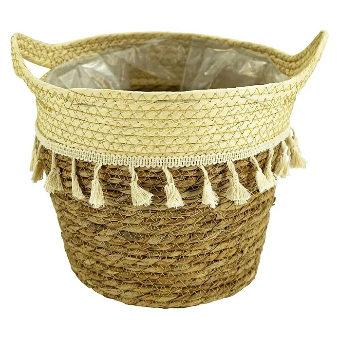 Pflanzkorb - Ø x H: 30 x 31 cm, Naturmaterialien, Natur/Creme - Korb aus geflochtenem Stroh mit Quasten und Griffen, ideal für Pflanzen oder als dekoratives Aufbewahrungselement.