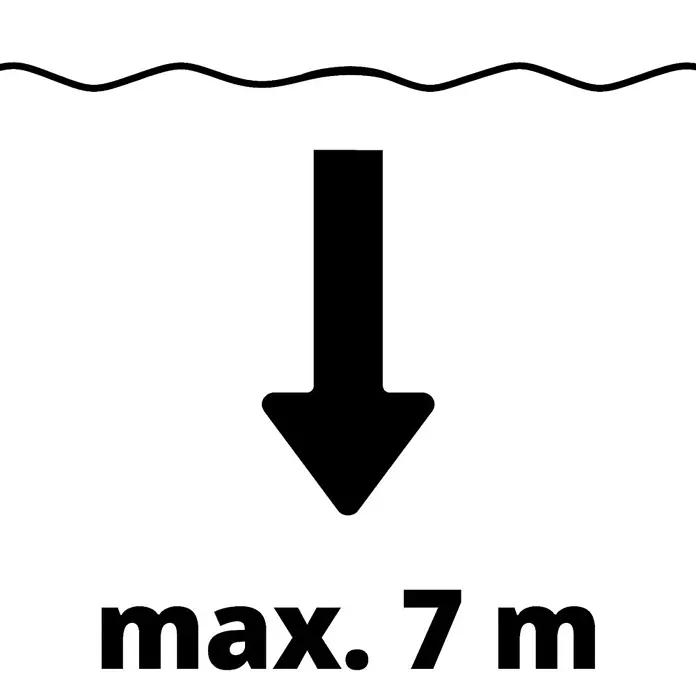 Einhell Klarwasser-Tauchpumpe GE-SP 4390 N-A LL ECO - 430 W, Max. Fördermenge: 9.000 l/h - Bild einer Produktinformation, die eine maximale Eintauchtiefe von 7 Metern angibt, mit Wellenlinie und Pfeil.