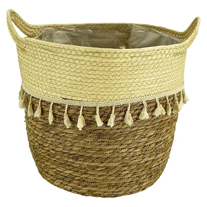 Pflanzkorb - Ø x H: 32 x 35 cm, Naturmaterialien, Natur/Creme - Korb aus Seegras mit dekorativen Quasten und Griffen, ideal für Pflanzen oder zur Aufbewahrung verschiedener Gegenstände.