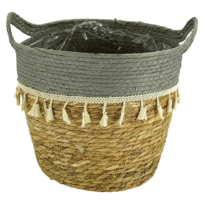 Pflanzkorb - Ø x H: 30 x 31 cm, Naturmaterialien, Natur/Grau - Dekorativer runder Korb aus Seegras mit grauer Oberseite und Quasten. Ideal für Pflanzen oder zur Aufbewahrung und verleiht jedem Raum einen Hauch von Stil.
