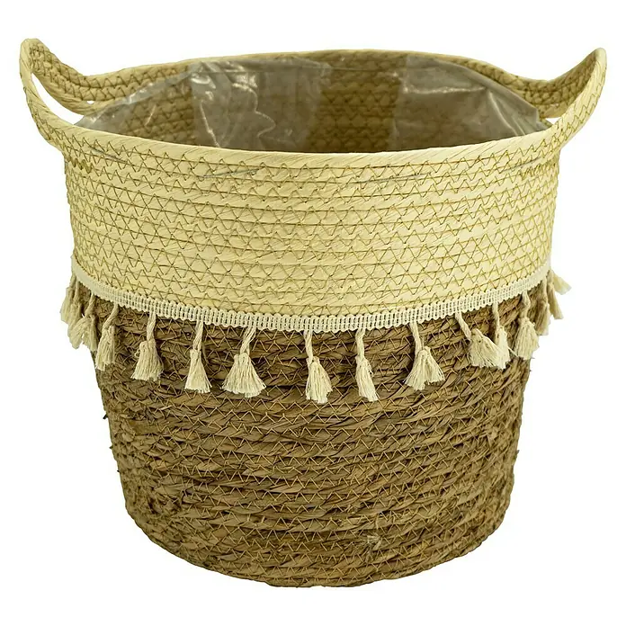 Pflanzkorb - Ø x H: 24 x 25 cm, Naturmaterialien, Natur/Creme - Elegante Pflanzschale mit Quastenrand und zwei Henkeln, ideal für die stilvolle Präsentation von Zimmerpflanzen.