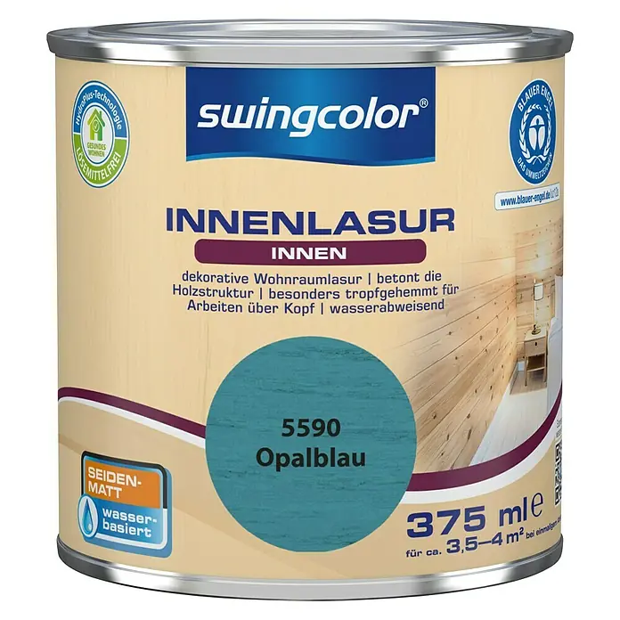 swingcolor Holzlasur Innenlasur - Opalblau, 375 ml, Seidenmatt - Farbdose Swingcolor Innenlasur 5590 Opalblau, 375 ml für dekorative Holzgestaltung im Innenbereich, seidenmatt und wasserbasiert.