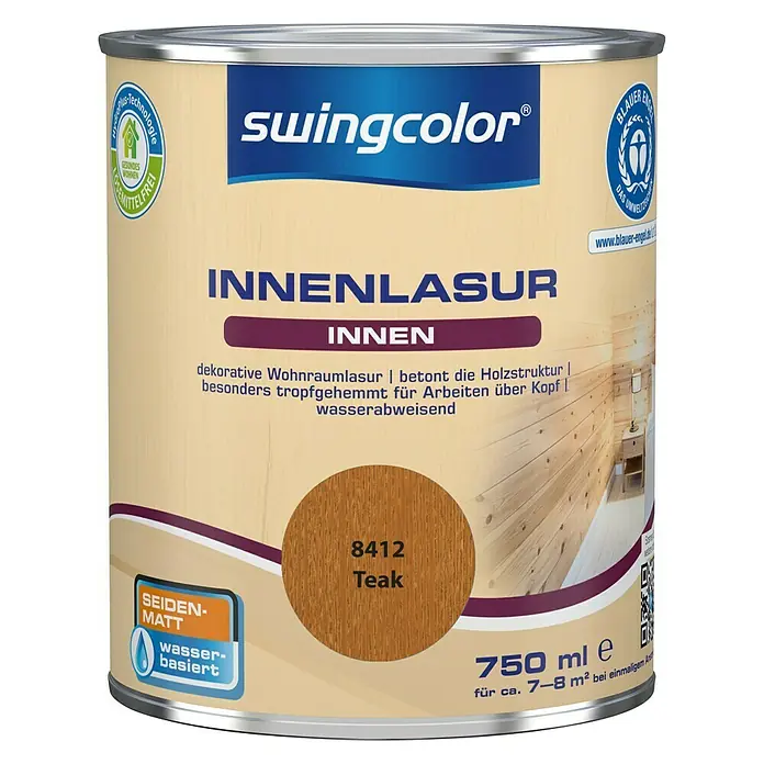 swingcolor Holzlasur Innenlasur - Teak, 750 ml, Seidenmatt - Dose Swingcolor Innenlasur Teak 8412, 750 ml. Die Innenlasur betont die Holzstruktur und ist wasserabweisend, ideal für dekorative Wohnraumgestaltung.
