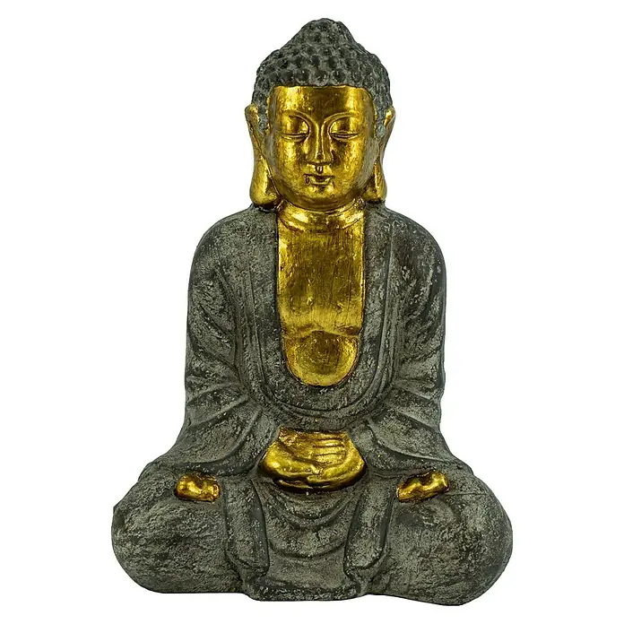 Buddha Sitzend - 26 x 17 x 37 cm, Magnesia, Grau/Gold - Buddha-Statue mit goldener und grauer Farbe, ideal für die Dekoration Ihres Zuhauses oder Büros.
