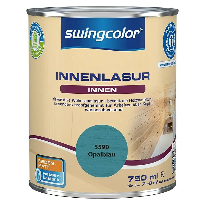 swingcolor Holzlasur Innenlasur - Opalblau, 750 ml, Seidenmatt - Dose Swingcolor Innenlasur "Opalblau" mit 750ml Inhalt, geeignet für dekorative Wohnraumgestaltung und Betonung der Holzstruktur.