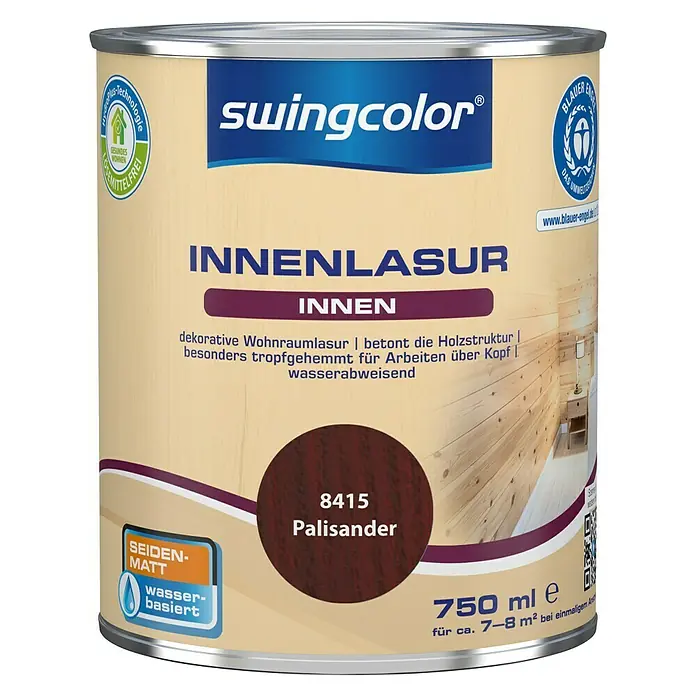 swingcolor Holzlasur Innenlasur - Palisander, 750 ml, Seidenmatt - Dose Swingcolor Innenlasur Palisander, 750 ml, für dekorative Wohnraumlasuren, betont die Holzstruktur und ist wasserabweisend, ideal für Innenräume.