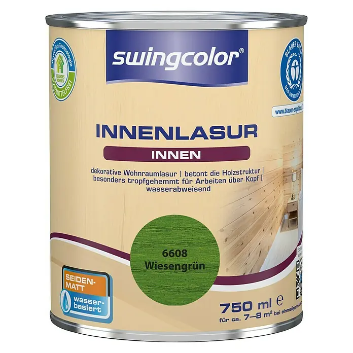 swingcolor Holzlasur Innenlasur - Wiesengrün, 750 ml, Seidenmatt - Dose Swingcolor Innenlasur, Farbton Wiesengrün 6608, für dekorative Wohnraumgestaltung und Betonung der Holzstruktur.