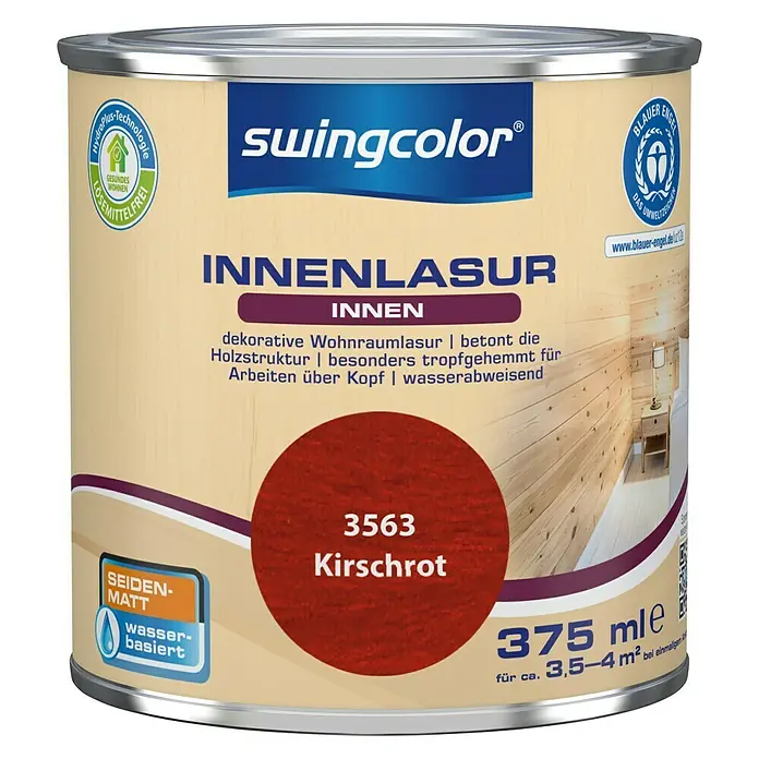 swingcolor Holzlasur Innenlasur - Kirschrot, 375 ml, Seidenmatt - Dose Swingcolor Innenlasur, Farbton Kirschrot, 375 ml für dekorative Holzveredelung im Innenbereich.