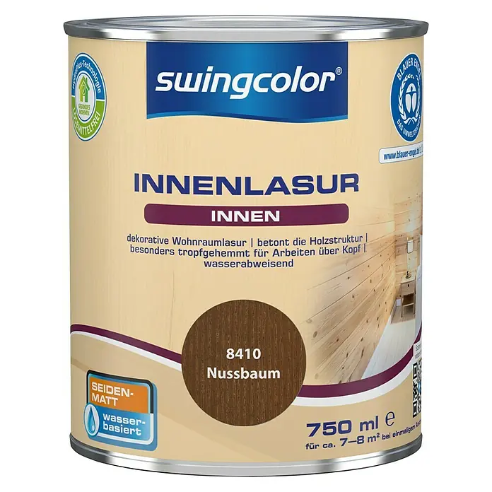 swingcolor Holzlasur Innenlasur - Nussbaum, 750 ml, Seidenmatt - Dose Swingcolor Innenlasur Nussbaum, 750 ml für dekorative Holzveredelung im Innenbereich, seidenmatt und wasserbasiert.