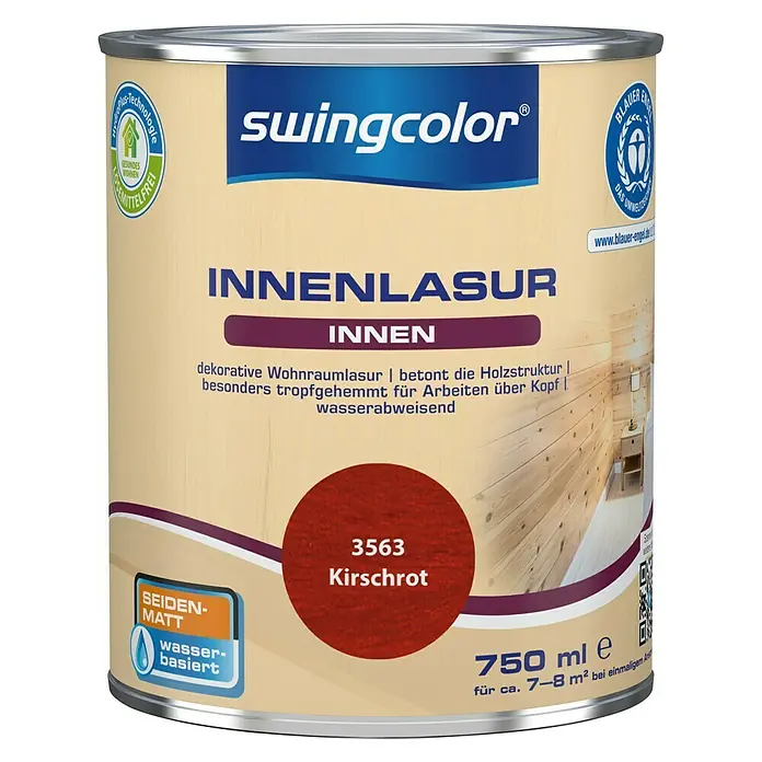 swingcolor Holzlasur Innenlasur - Kirschrot, 750 ml, Seidenmatt - Dose Swingcolor Innenlasur Kirschrot, seidenmatt, 750 ml. Ideal für dekorative Wohnraumlasuren, betont die Holzstruktur und ist wasserabweisend.