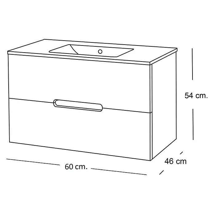 Artysan Mueble bajo de lavabo India - An x Pr x Al: 60 x 46 x 54,5 cm, Blanco - Ilustración de un mueble de baño con lavabo de 60 cm de ancho, 54 cm de alto y 46 cm de profundidad, con dos cajones.
