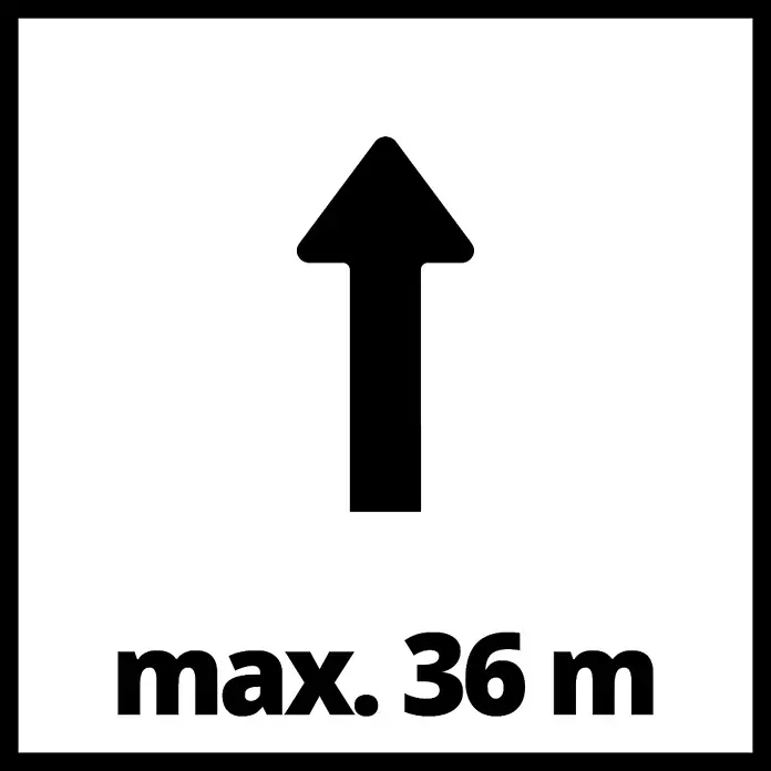 Einhell Hauswasserautomat GC-AW 6333 - 630 W, Max. Fördermenge: 3.300 l/h, Max. Druck: 3,6 bar - Richtungspfeil nach oben mit der Angabe "max. 36 m" auf einem quadratischen Schild, das eine maximale Entfernung oder Reichweite angibt.