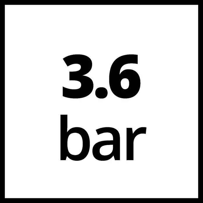 Einhell Hauswasserautomat GC-AW 6333 - 630 W, Max. Fördermenge: 3.300 l/h, Max. Druck: 3,6 bar - Das Bild zeigt den Druckwert von 3.6 bar, dargestellt in schwarzer Schrift auf einem weißen Quadrat mit schwarzem Rand.