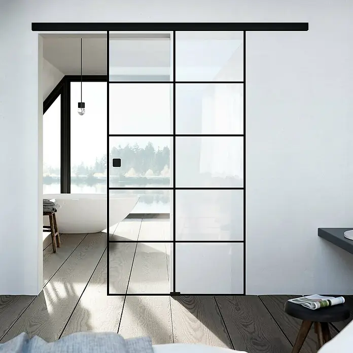 Diamond Doors Black Edition Glasschiebetür Loft - 935 x 2.058 mm, Einscheibensicherheitsglas (ESG), Klarglas - Stilvolle Schiebetür mit schwarzem Rahmen und Glaseinsätzen. Die Tür verleiht dem modernen Badezimmer einen eleganten Touch.