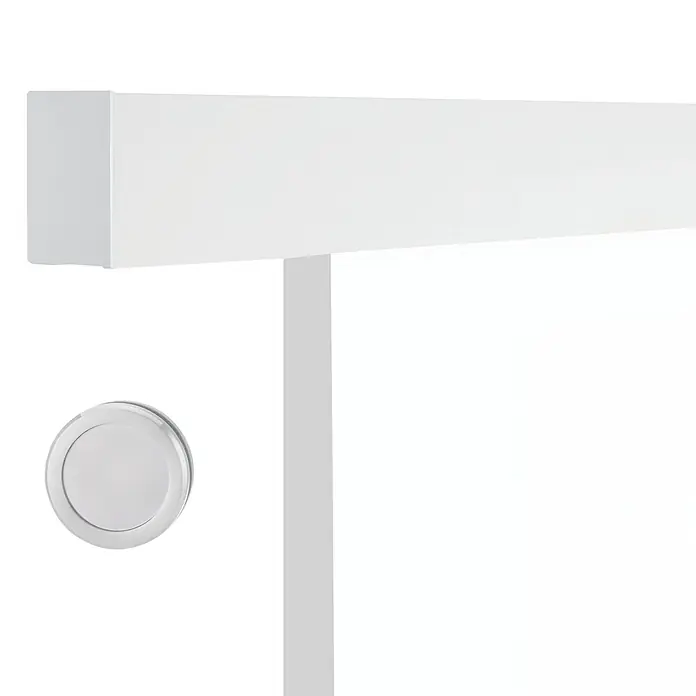Diamond Doors Schiebetür-Komplettset Linea 40 4-Linien Holz - 935 x 2.058 mm, Weiß, Wabe - Nahaufnahme einer weißen Deckenleuchte mit einem runden Dimmer, die ein modernes und minimalistisches Design zeigt.\n