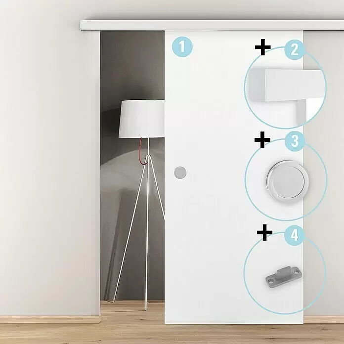 Diamond Doors Schiebetür-Komplettset Linea 40 Holz - 935 x 2.058 mm, Weiß, Wabe - Weißes Schiebetürsystem mit Soft-Close-Mechanismus, Muschelgriff und Bodenführung, in einem modernen Interieur installiert.