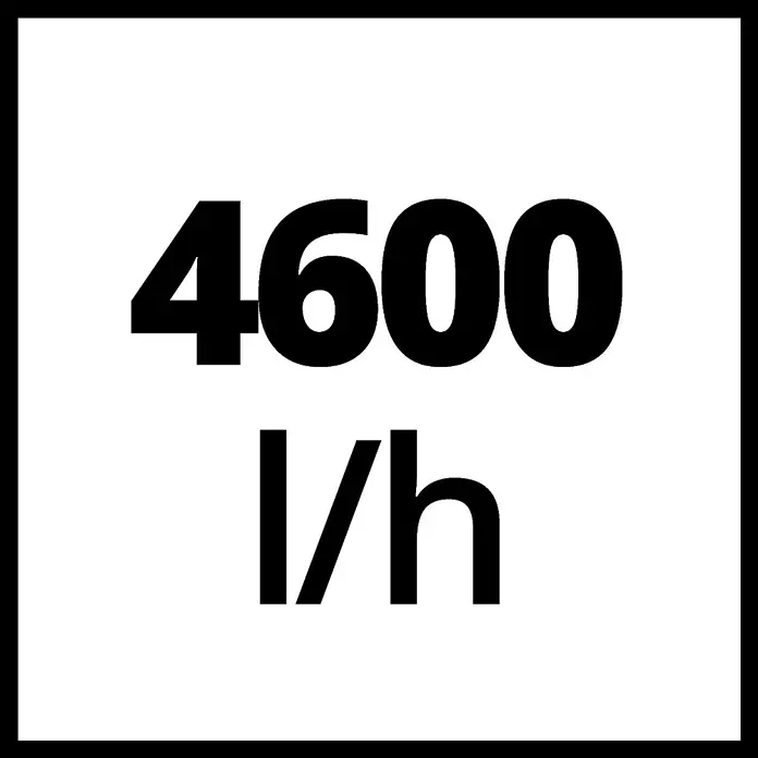Einhell Regenfasspumpe GE-SP 3546 RB - Leistung: 350 W, Max. Fördermenge: 4.600 l/h - Abbildung eines Produkts mit der Aufschrift "4600 l/h" in fetter schwarzer Schrift, dargestellt auf einem quadratischen, schwarz umrandeten Schild.