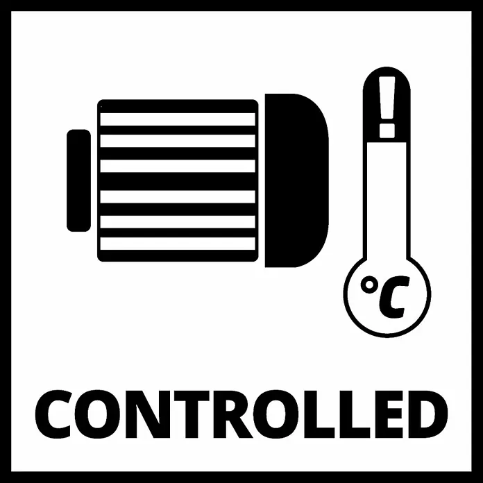 Einhell Gartenpumpe GC-GP 6040 ECO - Leistung: 600 W, Max. Fördermenge: 4.000 l/h - Abbildung mit dem Text "Controlled" und Piktogrammen für Batterie und Temperaturkontrolle in Schwarz und Weiß.