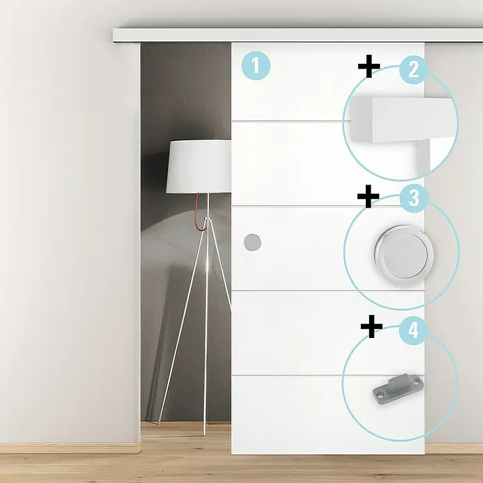 Diamond Doors Schiebetür-Komplettset Linea 40 4-Linien Holz - 935 x 2.058 mm, Weiß, Wabe - Weisse Schiebetür mit Beschlägen und Markierungen für Montagepunkte, ideal für moderne Raumgestaltung.