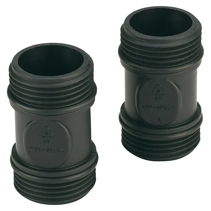 Neptun Gartenpumpen-Vorfilter - Anschlüsse: R1 IG, 1″ - Zwei schwarze Rohrverbinder aus Kunststoff mit Gewinde an den Enden für eine sichere Verbindung.