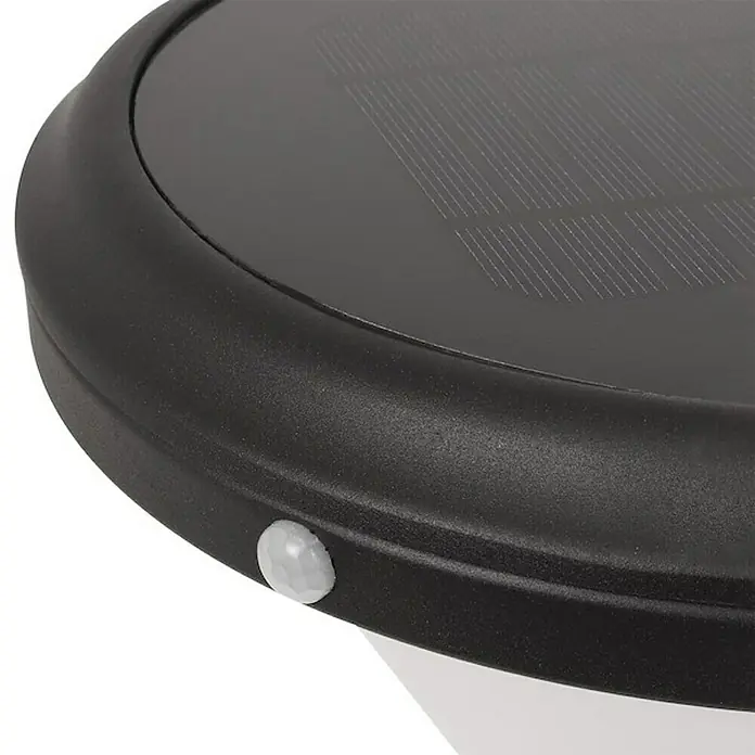 Arte confort Aplique solar para exterior Tempel - 4 W, L x An x Al: 26 x 29 x 26 cm, Negro, IP44, 500 lm - Primer plano de una luz solar negra con sensor de movimiento.