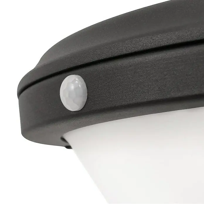 Arte confort Aplique solar para exterior Tempel - 4 W, L x An x Al: 26 x 29 x 26 cm, Negro, IP44, 500 lm - Primer plano de una lámpara exterior negra con sensor de movimiento y pantalla blanca, ideal para uso exterior.