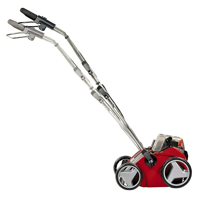 Einhell Power X-Change 18V Akku-Vertikutierer GE-SC 35/1 Li-Solo - Anzahl Akkus: Ohne Akku, 36 V, Arbeitsbreite: 35 cm - Ein roter Rasenlüfter mit silberfarbenen Griffen und Rädern, ideal für die Rasenpflege. Kompakt und benutzerfreundlich.