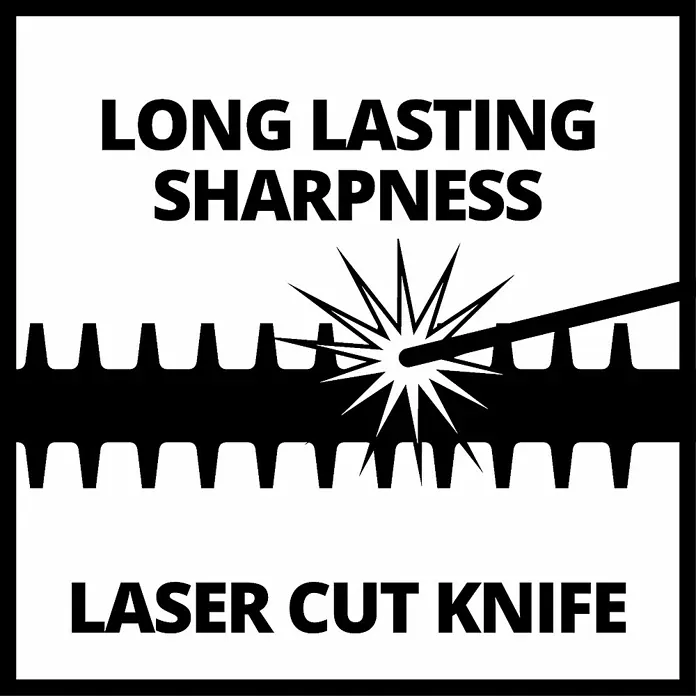 Einhell Power X-Change 18V Akku-Gras- & Strauchschere GC-CG 18 Li-Solo - 18 V, Li-Ionen, Ohne Akku, 100 mm - Das Bild zeigt ein Logo für ein "Laser Cut Knife", das für seine lang anhaltende Schärfe beworben wird. Die Messerklinge wird mit Lasertechnik bearbeitet.